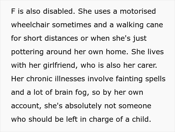Disabled neighbor explains inability to watch child due to health issues and mobility challenges.