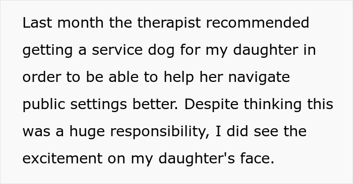 Text discussing service dog recommendation for daughter with social anxiety.