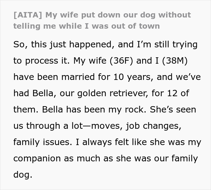 Man shares story of losing trust in wife after she puts their dog down without his knowledge.