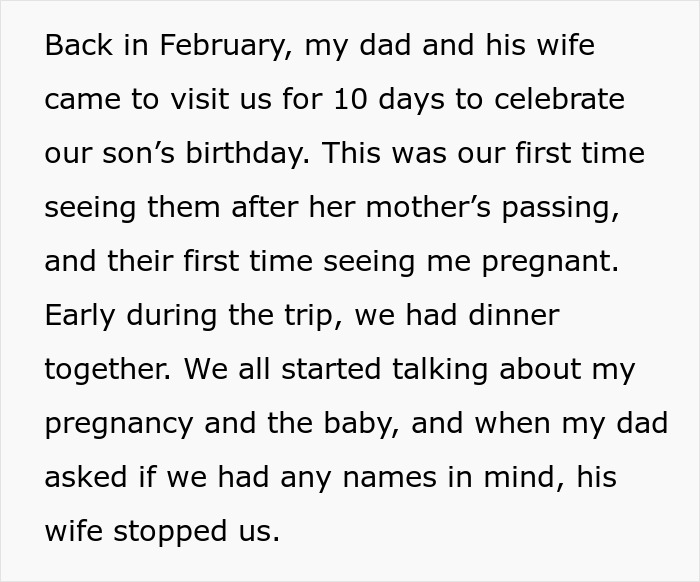 Text about family gathering discussing baby naming; woman declines naming baby after stepmom&rsquo;s mother.