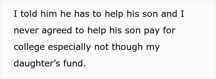 Text image about refusing to use daughter's college fund for husband's son's expenses.
