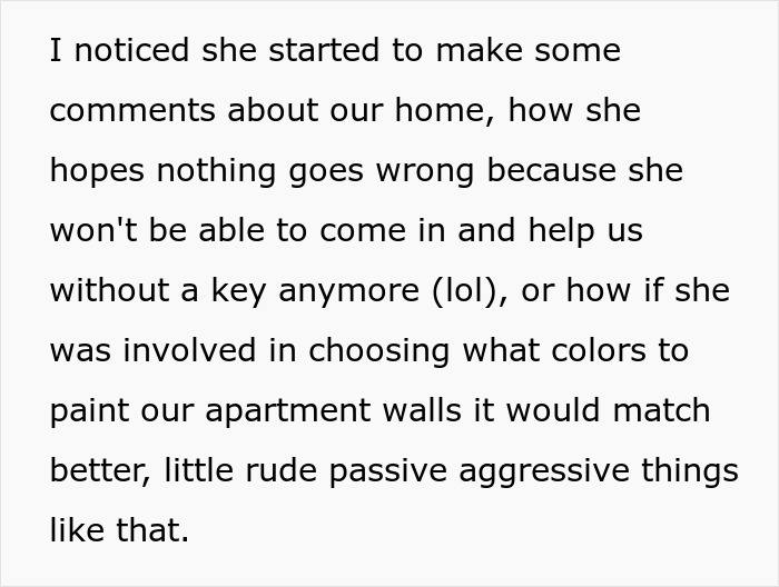 Text about MIL's comments on home control and decor decisions. Text about MIL's comments on home control and decor decisions.