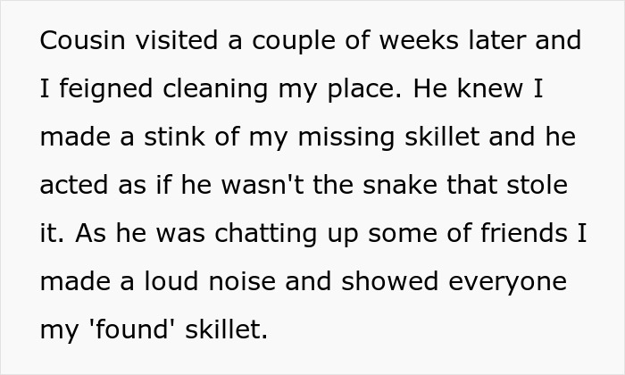 Text detailing a cousin's theft and the dramatic revelation of the missing skillet.