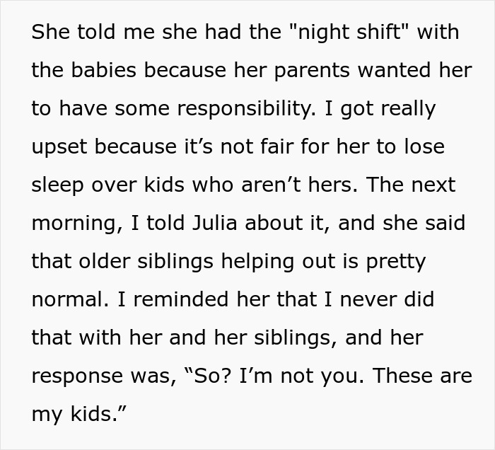 Text image discussing a teenager on "night shift" with siblings for responsibility, causing upset over fairness. Text image discussing a teenager on "night shift" with siblings for responsibility, causing upset over fairness.