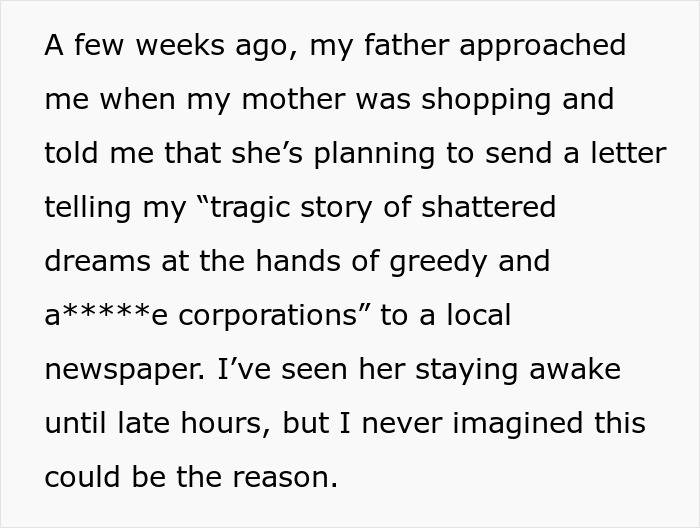 Text discussing mother's wish to write about daughter's tragic story of shattered dreams for a newspaper.