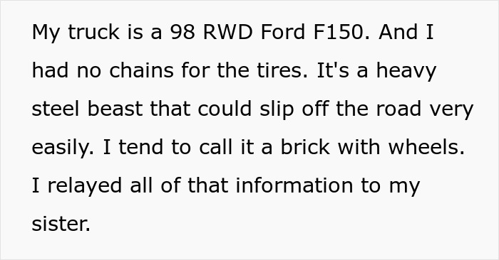 Text about a 1998 Ford F150 described as a "brick with wheels" shared with a sister.
