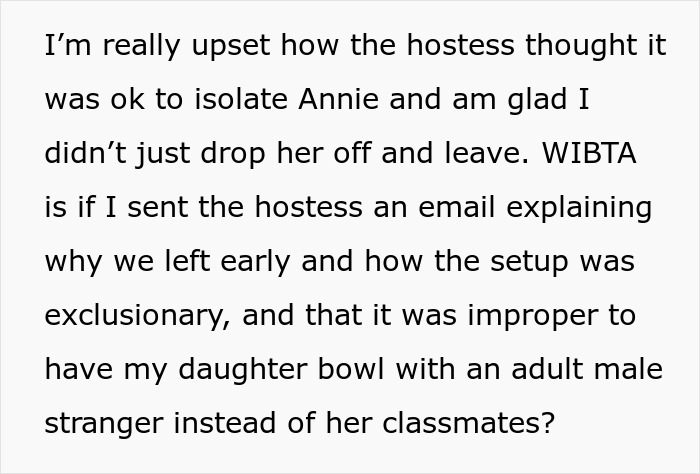 Text expressing concern about a daughter's isolation at a birthday party, leading to her being taken home early.