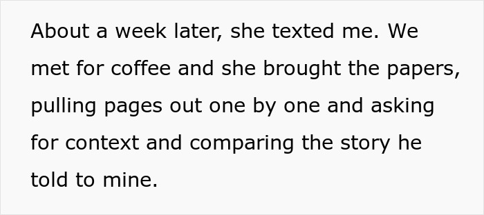 Text message conversation about ex's criminal record, meeting to compare stories over coffee.