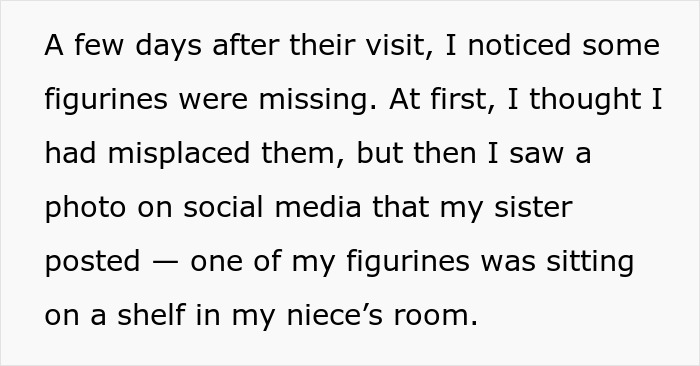 Text describing an aunt discovering stolen figurines after a visit and deciding to keep her niece&rsquo;s toys until they are returned.
