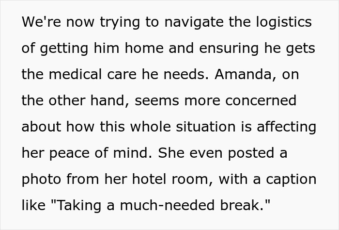 Text excerpt about navigating medical logistics and hotel caption amid situation.