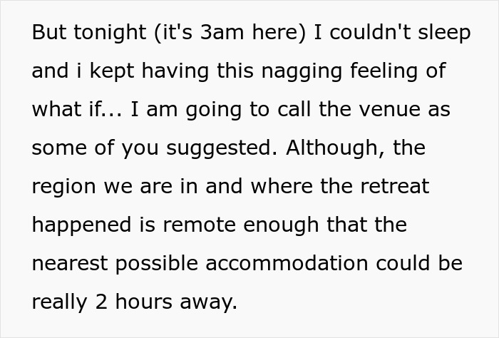 Text screenshot discussing insomnia and remote retreat location concerns.