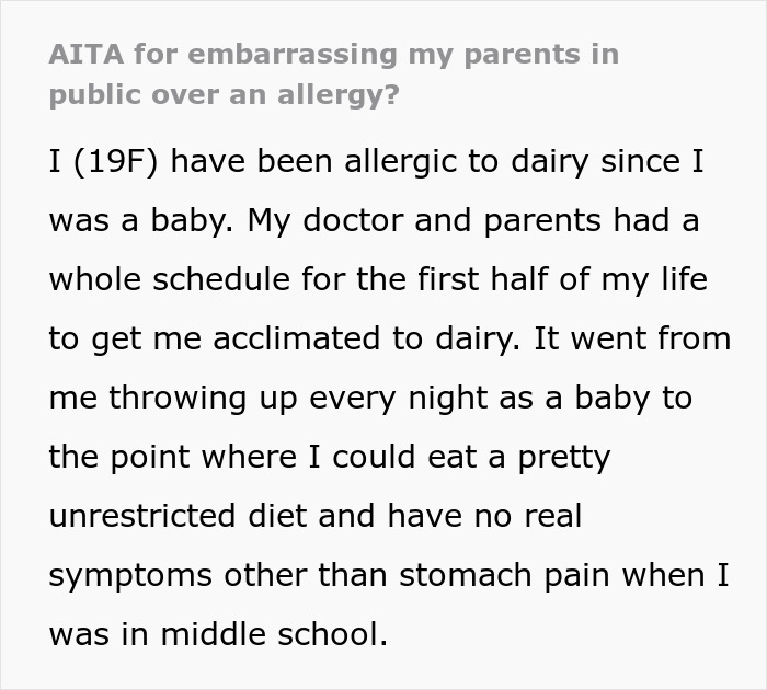 Text about a dairy allergy since infancy and adjusting diet during childhood.