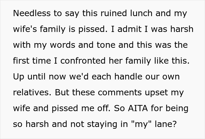 Text about family conflict during lunch, involving a woman's reaction to her nephew and her husband's response.