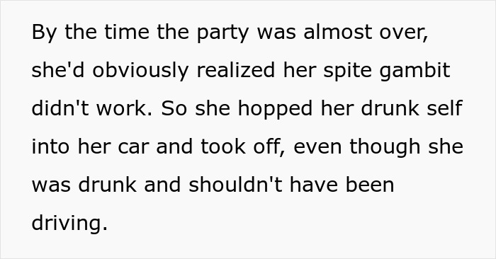 Text describing a drunk woman driving off-road, emphasizing the lack of sympathy from her sibling.