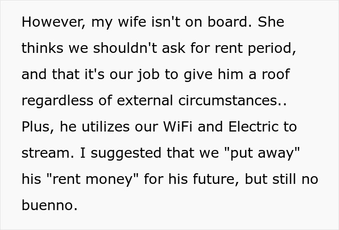 Text discussing charging 17-year-old son rent, wife disagrees, suggesting saving rent for his future.