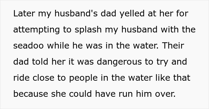 Text about a husband's close call involving sister-in-law and a seadoo incident. Text about a husband's close call involving sister-in-law and a seadoo incident.
