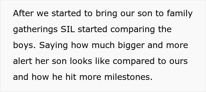 Text describing a family gathering where a woman compares her son to her nephew, highlighting milestones.
