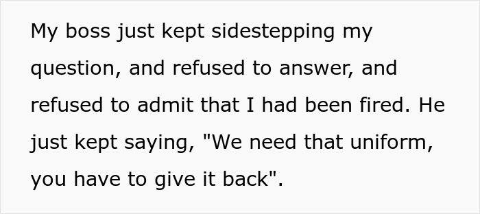 Text exchange about uniform return as boss avoids admitting termination.