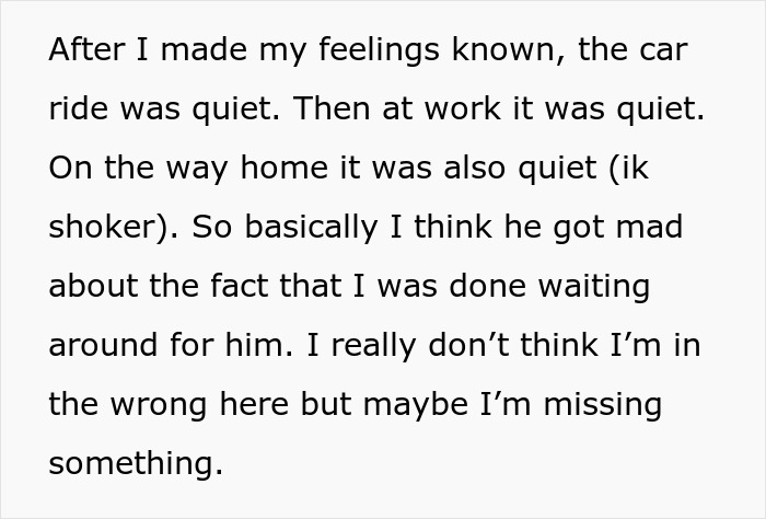 Text about quiet car ride after ending free rides to work due to frequent lateness.