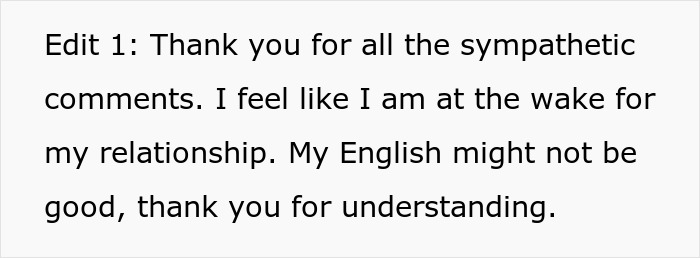 Text about relationship issues, with a person expressing gratitude for sympathetic comments and acknowledging language difficulties.
