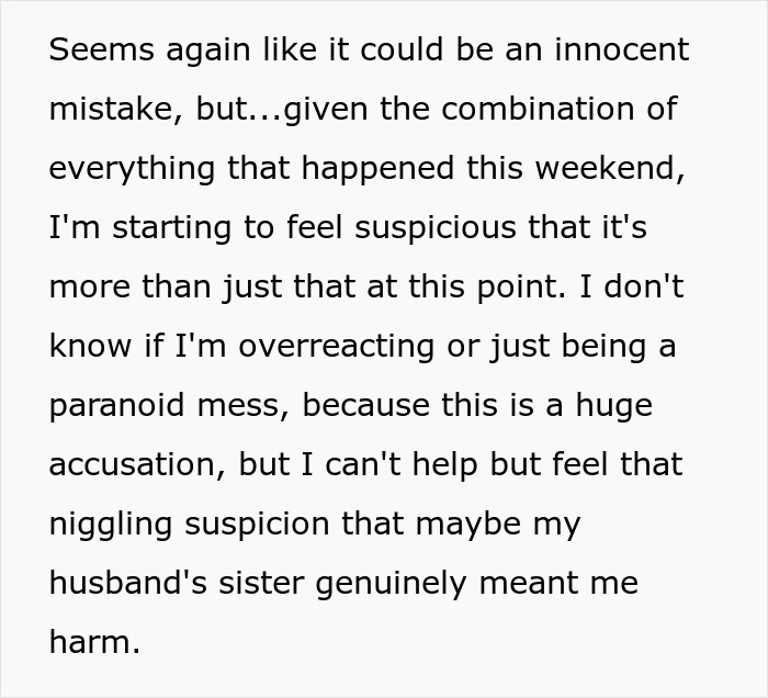 Text discussing a woman's suspicions about her sister-in-law's actions possibly being planned. Text discussing a woman's suspicions about her sister-in-law's actions possibly being planned.