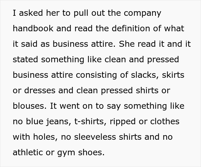 Text detailing business attire guidelines from a company handbook.