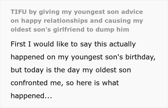 Dating Advice To Younger Son Accidentally Leads To Eldest’s Breakup As The GF Realized Her Worth Dating Advice To Younger Son Accidentally Leads To Eldest’s Breakup As The GF Realized Her Worth