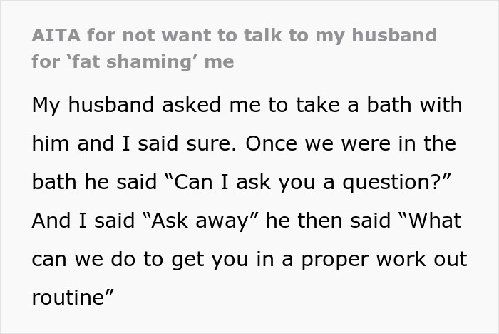 Text image about a woman experiencing fat-shaming from her husband, causing anxiety about eating. Text image about a woman experiencing fat-shaming from her husband, causing anxiety about eating.