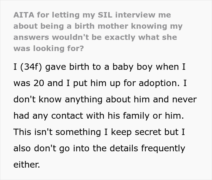 Text about a woman discussing giving a baby up for adoption and her SIL's reaction.