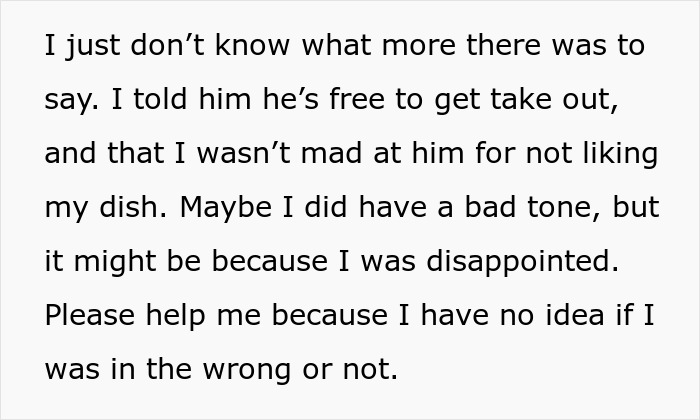 Text image discussing a boyfriend confrontation about cooking and handling disappointment over a dish.