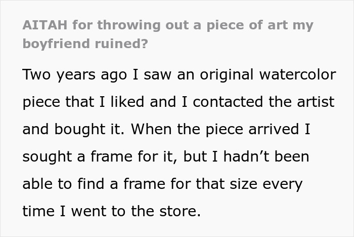 Text discussing a woman throwing out artwork her boyfriend ruined, questioning her decision online.