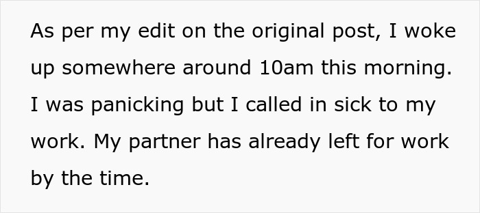 Text message discussing waking up at 10am, panicking, and calling in sick due to partner leaving for work.