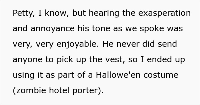 Quote discussing petty revenge involving a work uniform being used as a Halloween costume.