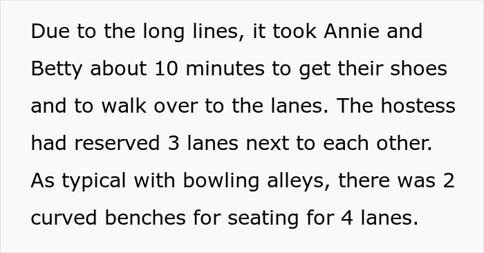 Text about bowling lanes and reserved seating, emphasizing long lines and typical seating arrangements.