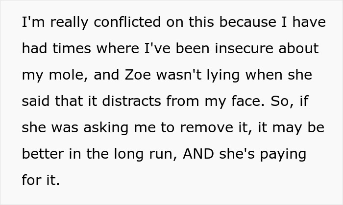 Text message discussing the bride's request for facial surgery on a bridesmaid for mole removal. Text message discussing the bride's request for facial surgery on a bridesmaid for mole removal.