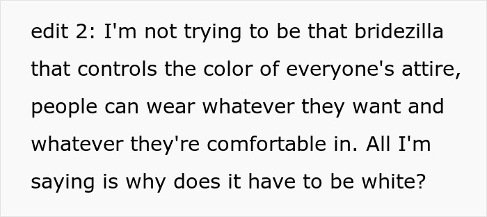 Text expressing a bride's concern about guests wearing white to her wedding.