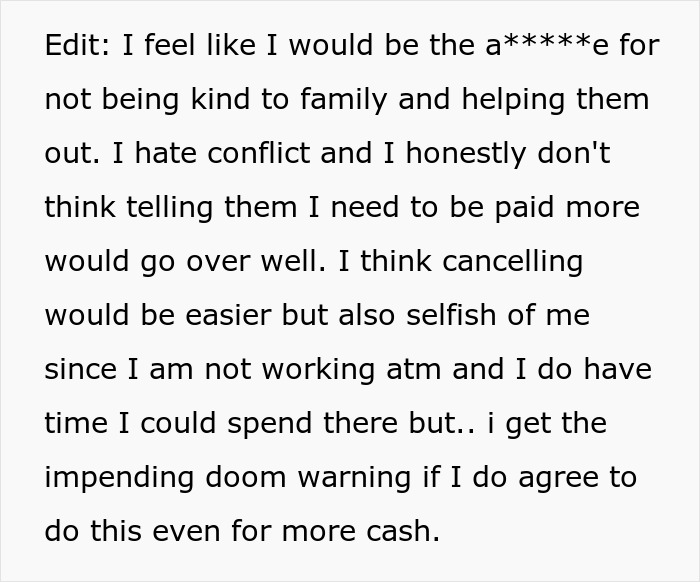 Text expressing conflict about babysitting for family at low pay.