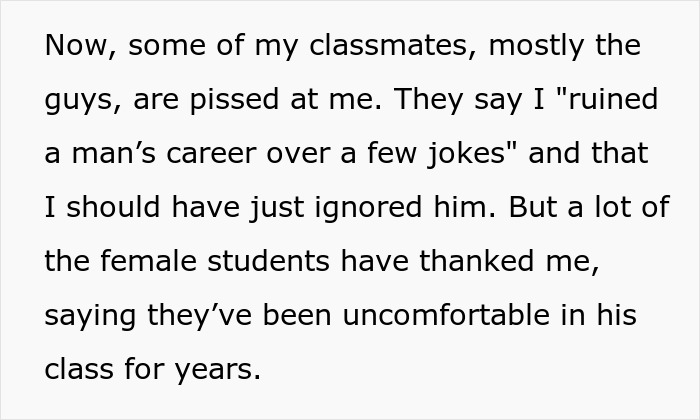 Text screenshot about classmates' reactions to a professor's sexist remarks recording.