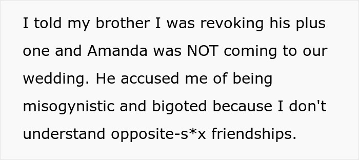 Text discussing a bride's surprise over brother's choice of plus one for wedding.