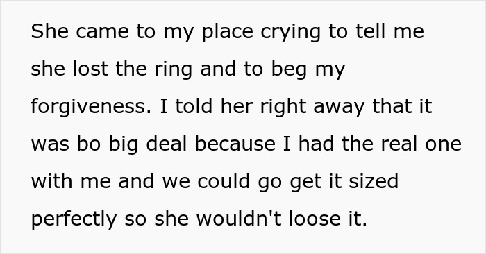 Text about a swapped real ring and engagement ends due to fianc&eacute;e&rsquo;s reaction.