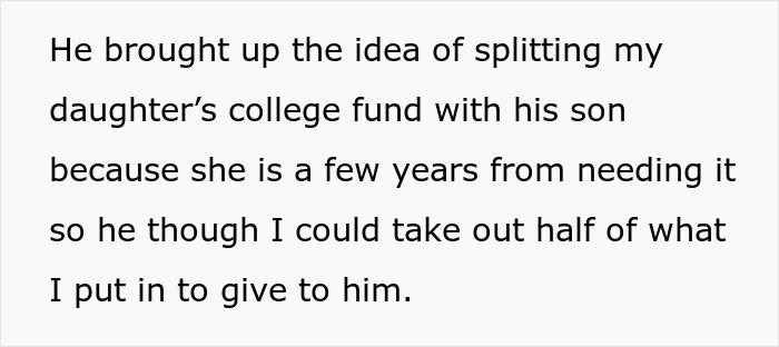 Text reading proposal to split daughter's college fund with husband's son.