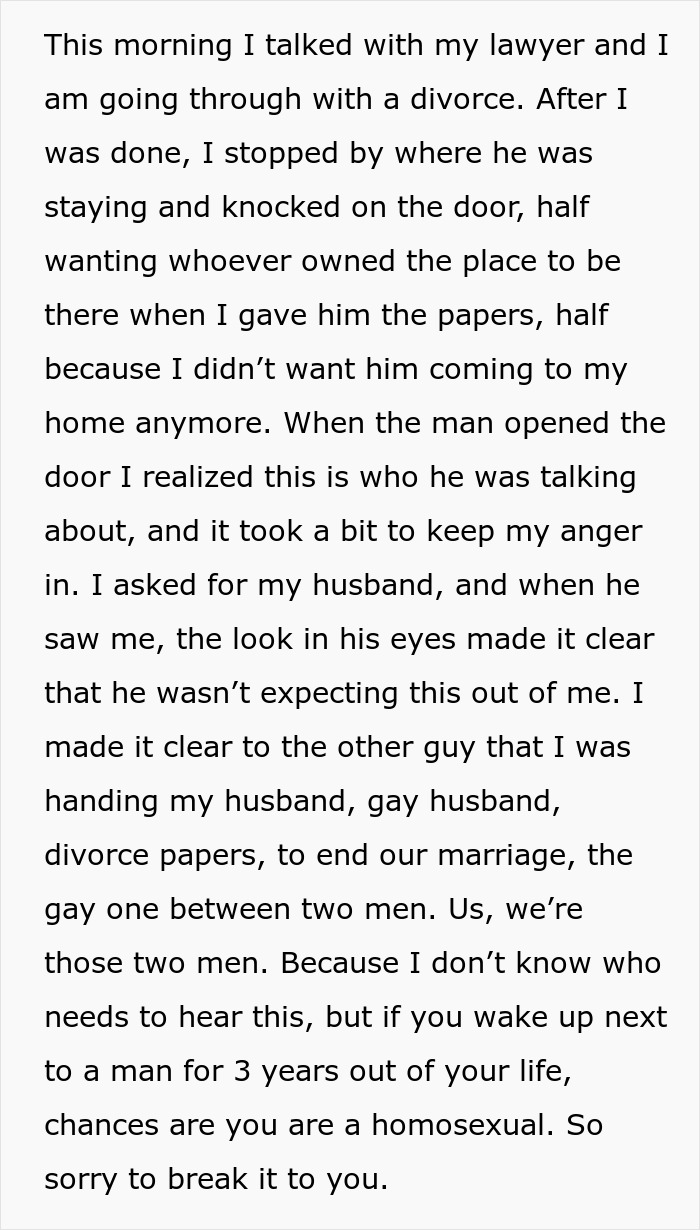 Text screenshot discussing the realization about a gay marriage being sinful, leading to its end. Text screenshot discussing the realization about a gay marriage being sinful, leading to its end.