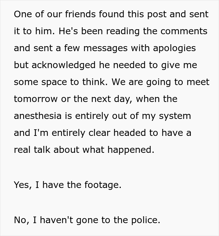 Text exchange about a husband's prank gone wrong, wife plans to discuss incident after recovering from anesthesia.