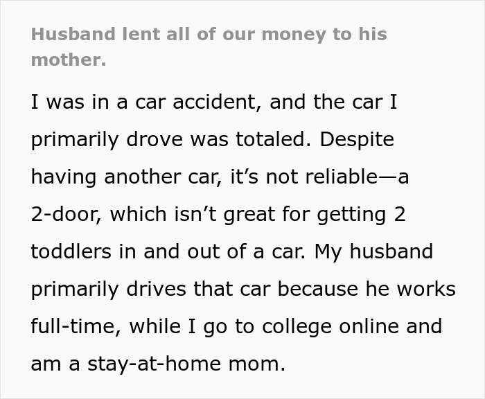 Text about husband's secret loan to mom, wife struggles without reliable car after accident.