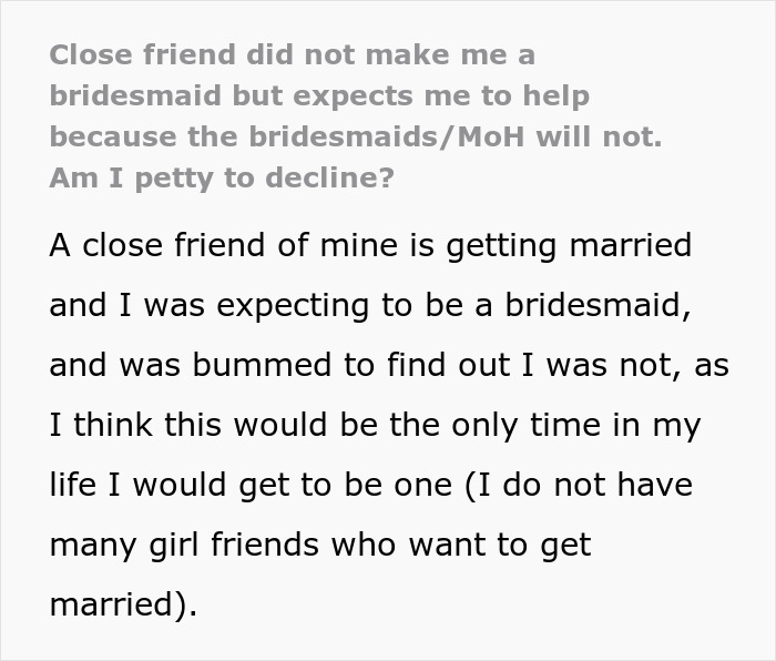 Friend asked for free wedding prep help despite not being in bridal party. Friend asked for free wedding prep help despite not being in bridal party.