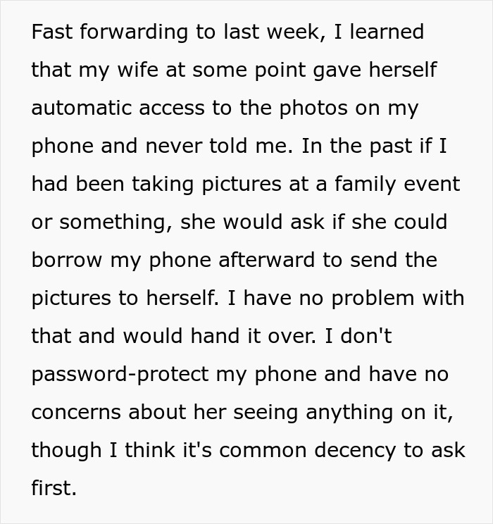 Man discovers wife secretly accessed his phone's camera roll without permission, raising privacy concerns.