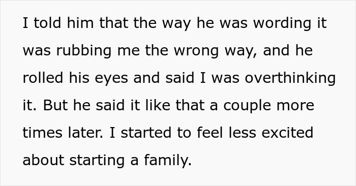 Text screenshot discussing a conversation about starting a family, highlighting concerns about wording and excitement.