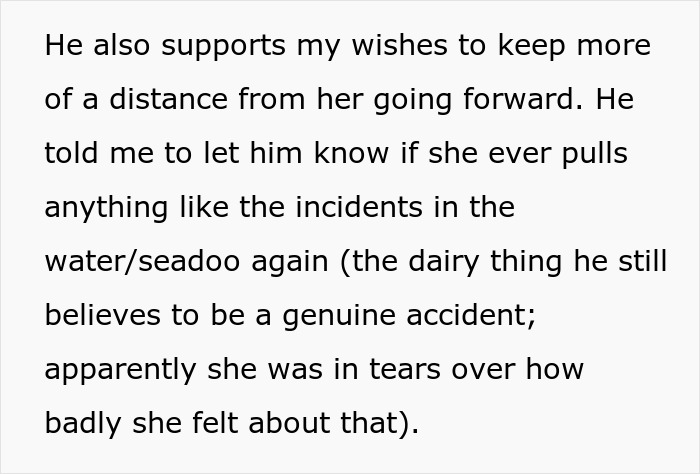 Text discusses concerns about possible planned "accidents" involving a sister-in-law after incidents in water and on a seadoo. Text discusses concerns about possible planned "accidents" involving a sister-in-law after incidents in water and on a seadoo.