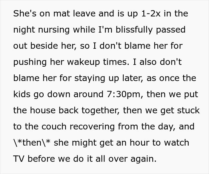 Text image discussing a wife's morning wake refusal due to nightly nursing duties and late bedtimes.
