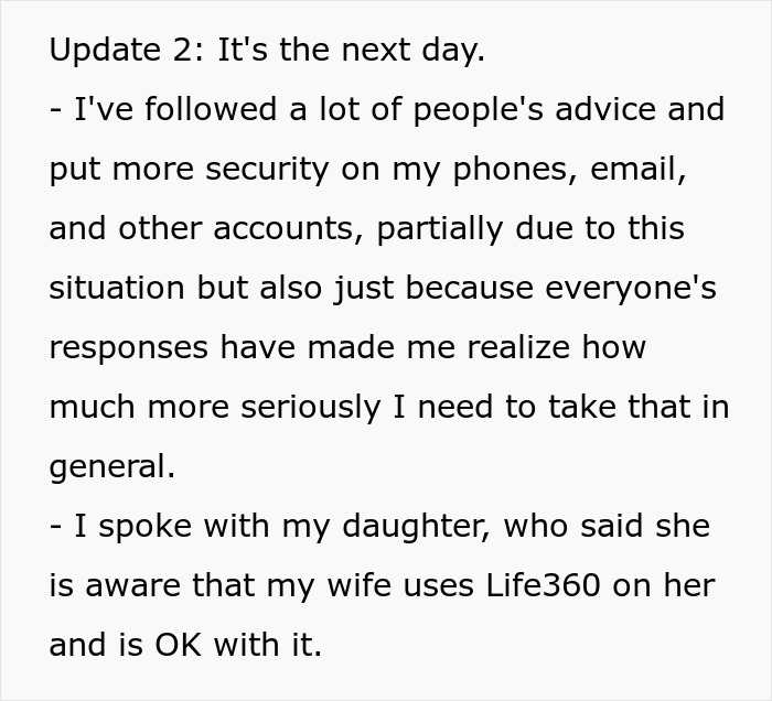 Man increases phone security after learning wife monitors spending and camera roll.